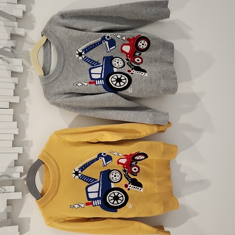 Construction truck sweaters. Set of 2. Excavator & front loader